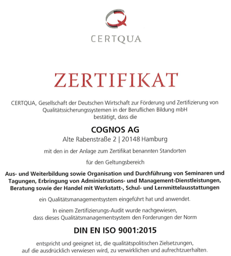 Zertifikat ISO 9001 verliehen an die Akademie Fresenius